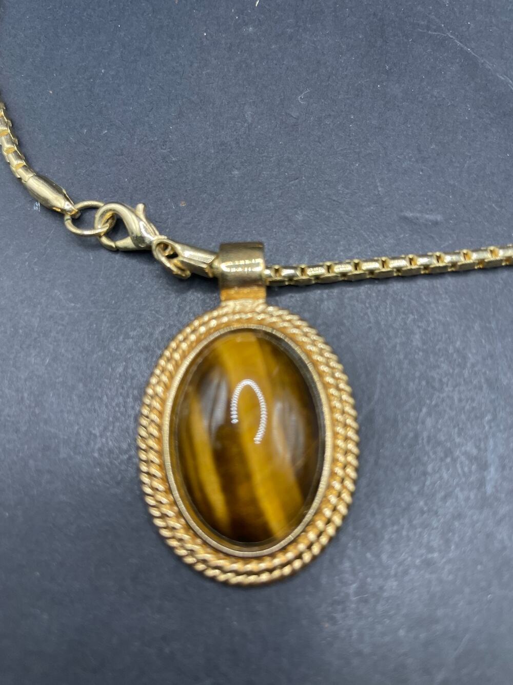 Vtg Roman Signed Gold Tone Venetian Chain Tiger's Eye Oval Pendant Necklace